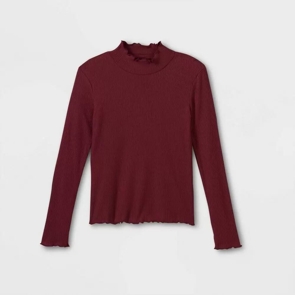 Art Class Lettuce Edge Mock Neck Top Maroon‎ M Red Pullover Long Sleeves Shirt